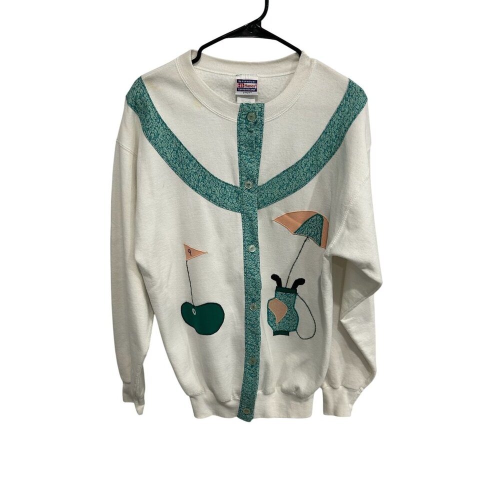 Vintage Hanes Golf Themed Button Front Cardigan Sweater White Medium Heavyweight